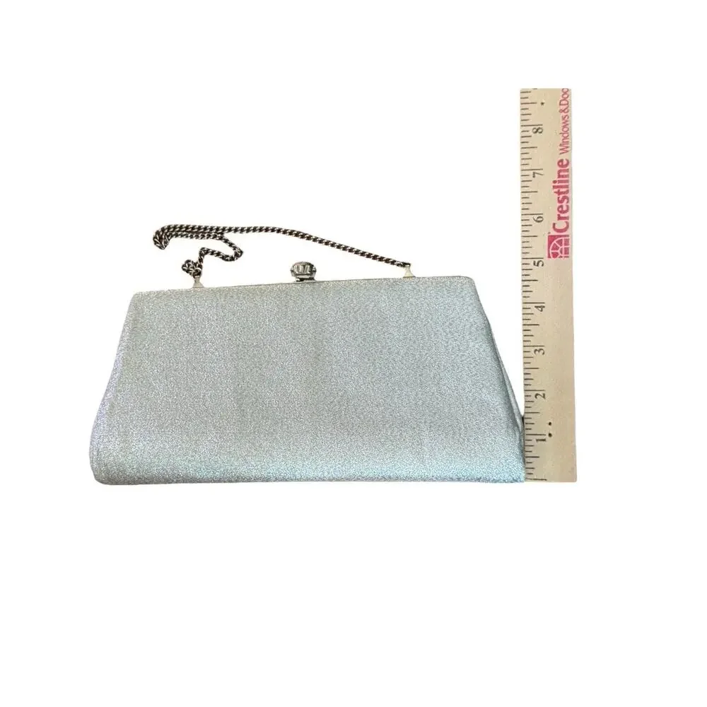VTG Silver Sparkly Glittery Clutch Bag Silver Top Round Clasp Happy Hour Flapper